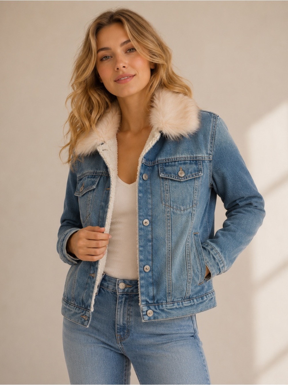 Forever 21 Sherpa Lined Denim Jacket Faux Fur Collar Medium Wash Sz S